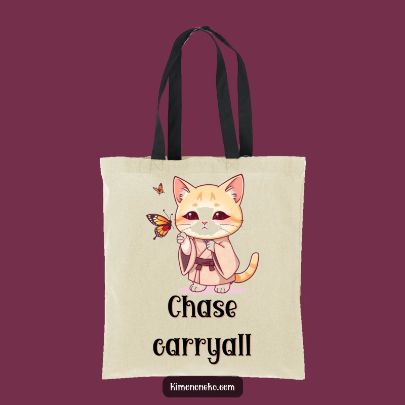 Funny Cat Kimono Tote Bag: Playful Kitty Batting Butterfly - Stylish Carryall