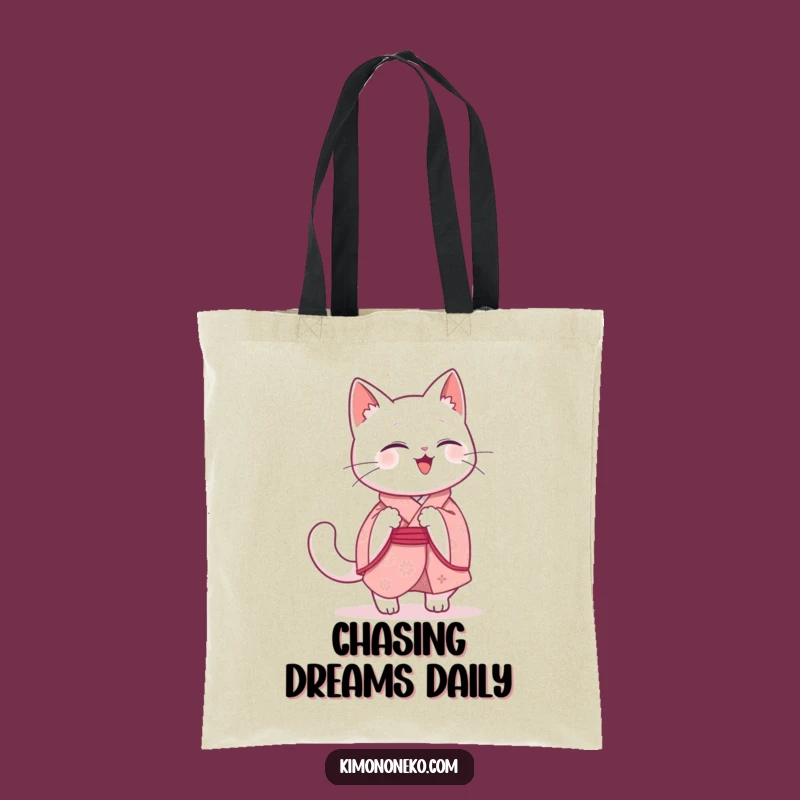 Funny Kawaii Cat Tote Bag: Giggling White Kitty in Pink Kimono