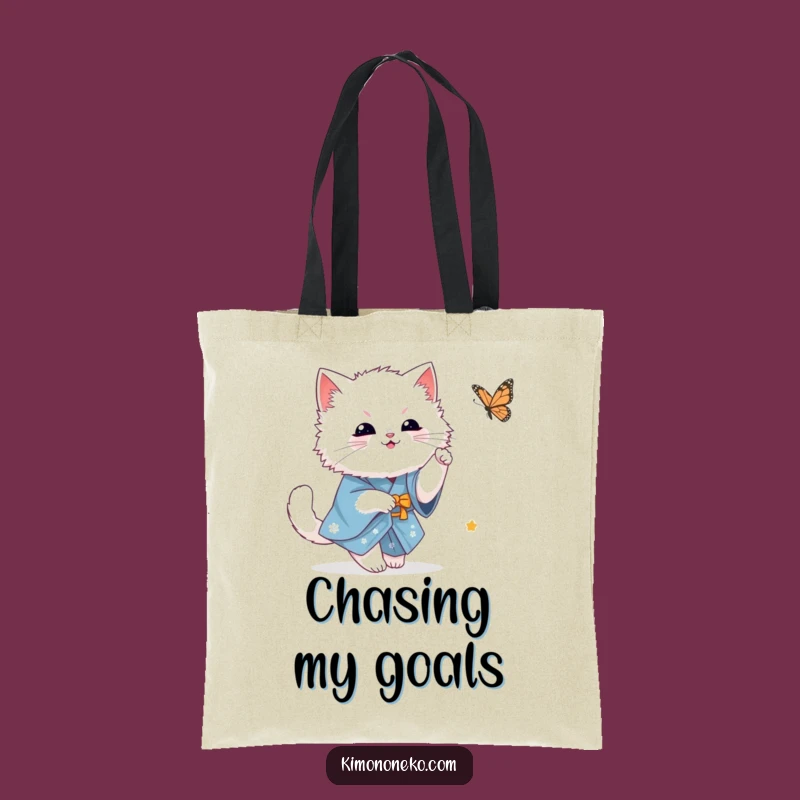 Funny White Cat Tote Bag: Kawaii Kitty in Blue Kimono Butterfly Chase - Stylish Gift!