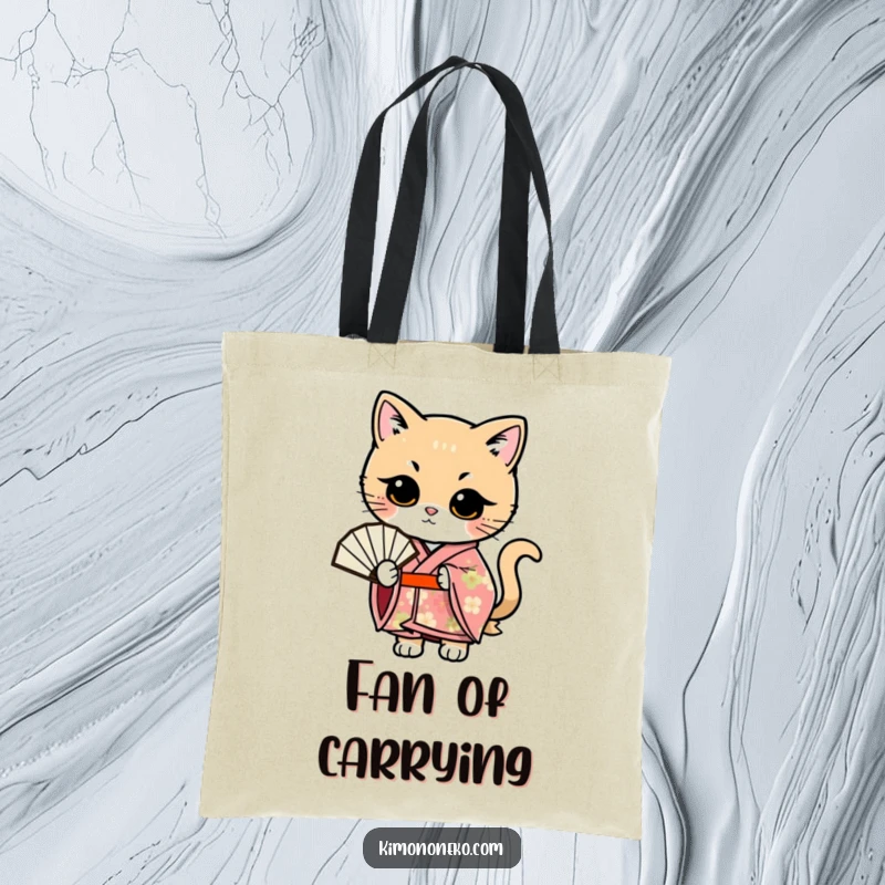 Funny Kawaii cat in a floral kimono, posing with a fan, a practical and funny tote bag.