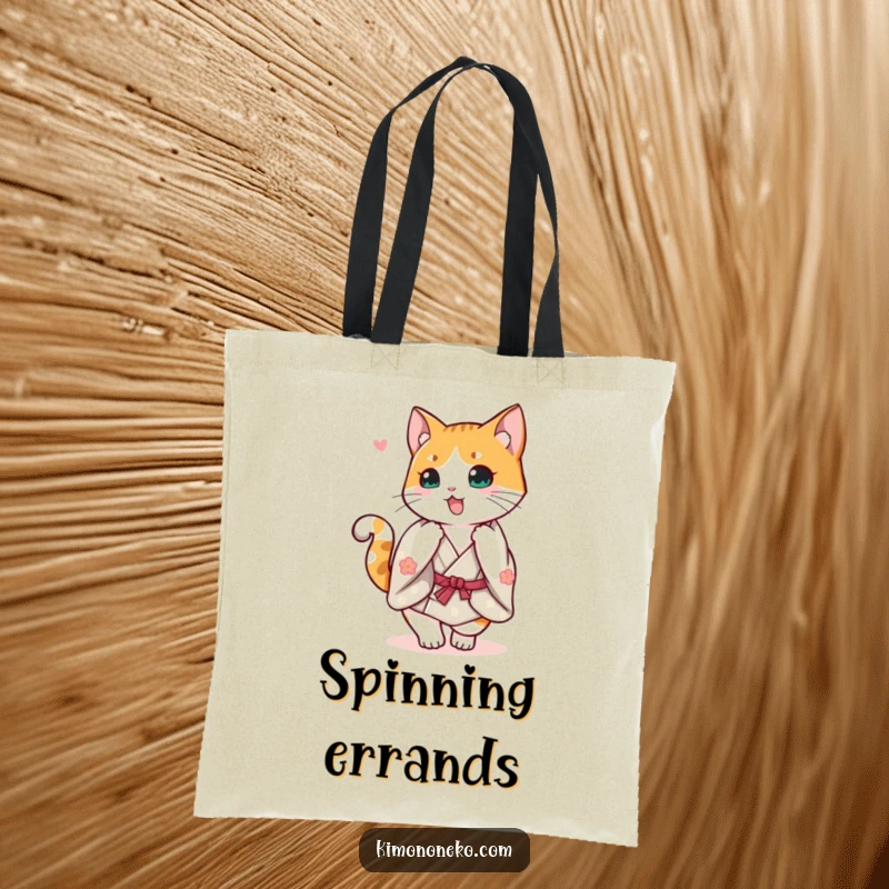 Funny Calico Cat Kimono Tote Bag: A cheerful calico cat in a kimono doing a happy spin with its tail up, a whimsical accessory.