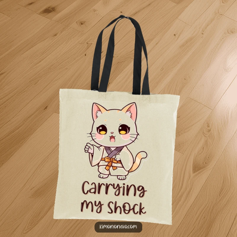 Funny kawaii cat in a kimono, striking a dramatic surprised pose, printed on a practical and humorous tote bag.
