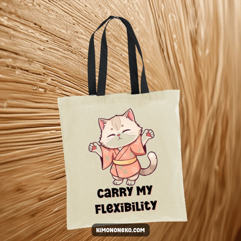 Funny tote bag illustrating a fluffy cat in a floral kimono doing a graceful stretch, perfect for carrying daily essentials with humor.