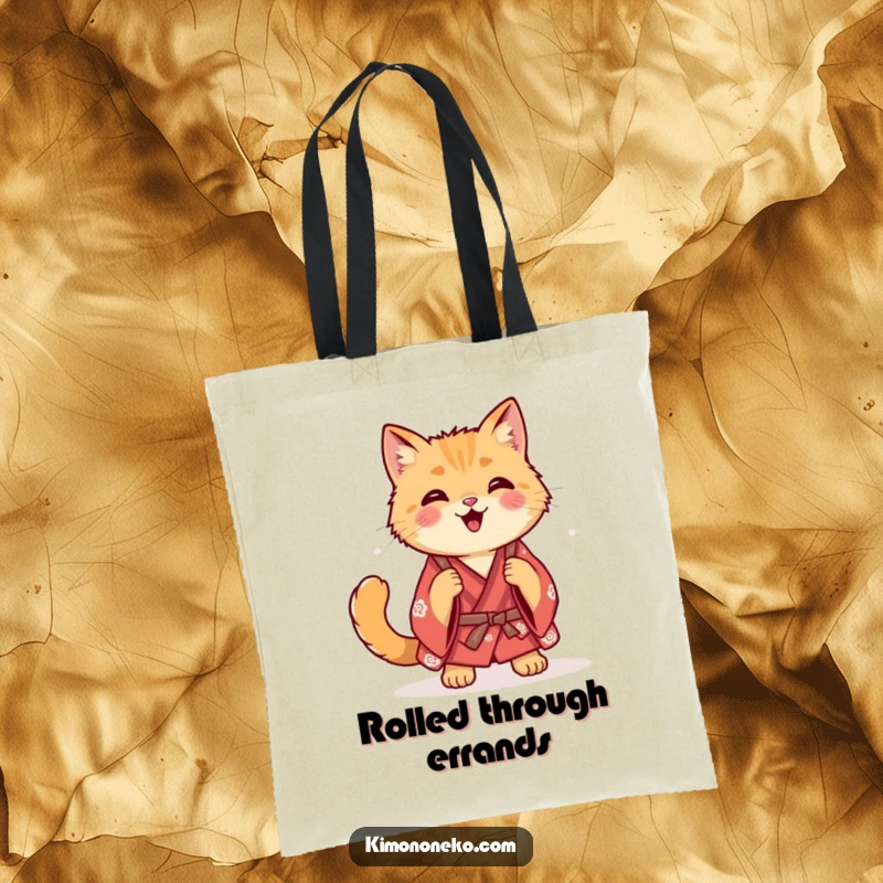 Funny ginger cat in a casual kimono doing a happy roll, featured on a durable tote bag.