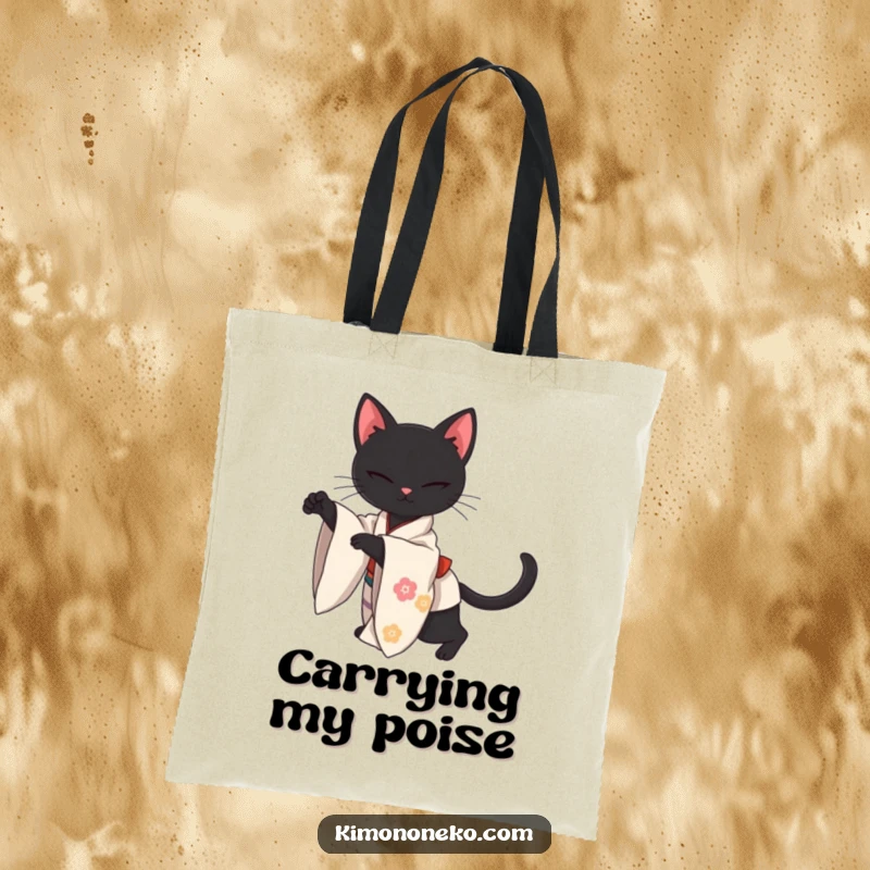 Funny tote bag featuring a sleek kawaii black cat in an elegant kimono, stretching with graceful ease, ideal for daily use.
