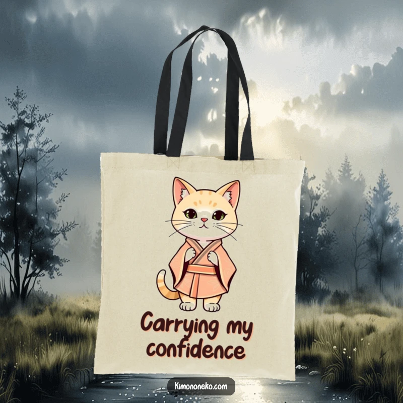 Funny Kawaii cat in a stylized kimono striking a confident stance, reusable shopping bag, durable tote.