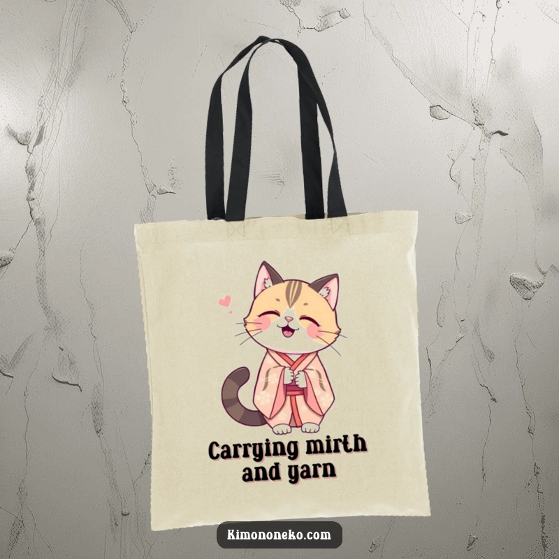 Funny Kawaii cat in an elegant kimono, sharing a secret giggle, stylish and functional tote for everyday secrets.