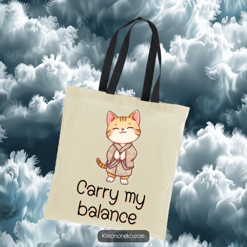 Funny Kawaii tabby cat in a patterned kimono, balancing on its hind legs, on a reusable tote bag for stylish humor.