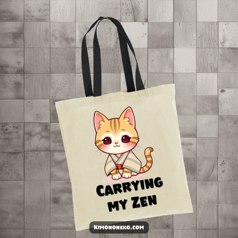 Funny Kawaii Tabby Cat Tote Bag: A content tabby cat in a striped kimono basks happily in the sun, exuding humorous serenity.