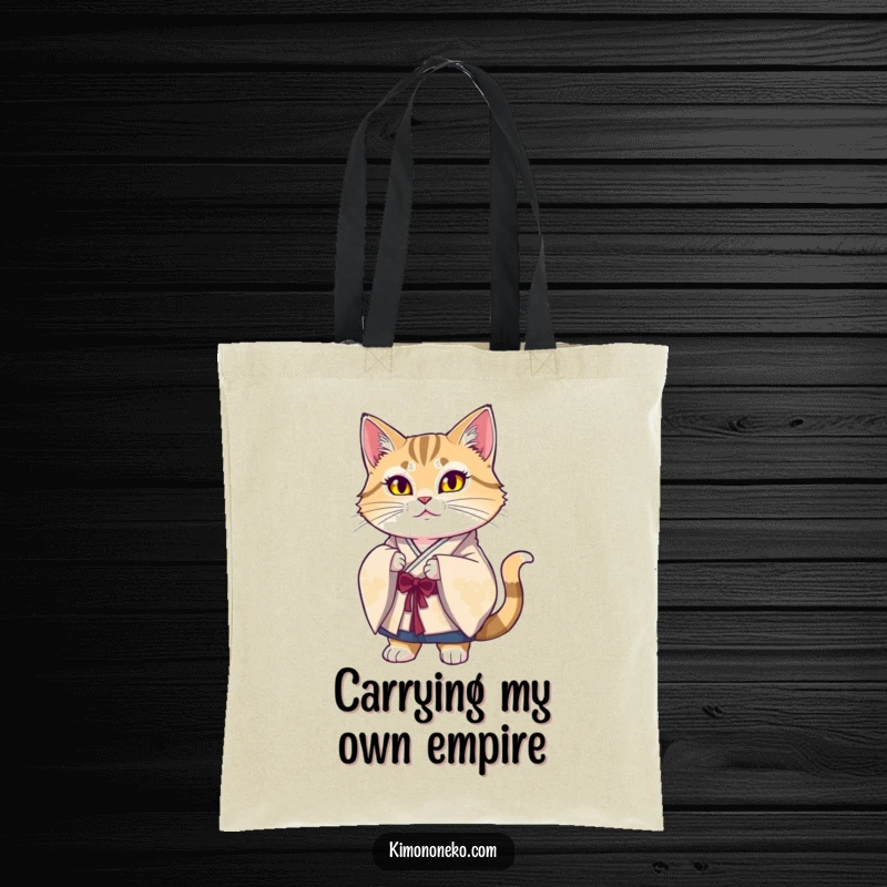 Funny Majestic Cat Kimono Tote Bag showcasing a proud cat in traditional silk attire, perfect for carrying items with humorous elegance.