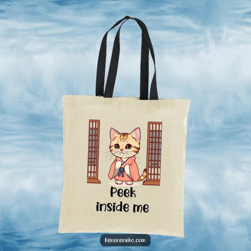 Funny Tabby Cat Tote Bag: A curious tabby cat in a festive kimono peeks from behind a decorated screen, ready to carry your items.
