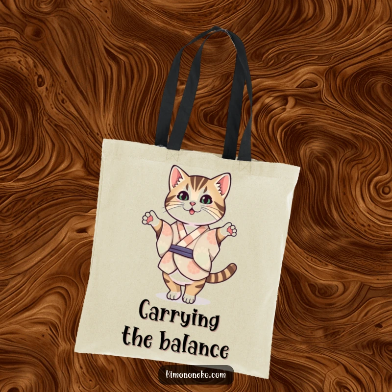 Funny Tabby Cat Kimono Tote Bag: A Kawaii tabby cat in a patterned kimono balancing on its hind legs, perfect for carrying items.