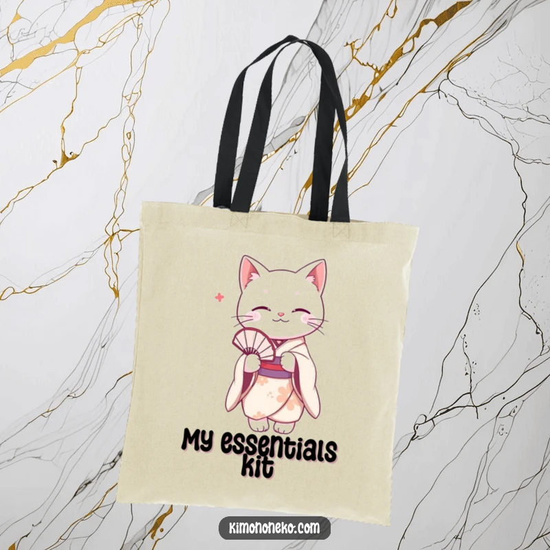 Funny white cat in a delicate kimono, holding a fan. A humorous tote bag for stylish cat enthusiasts.