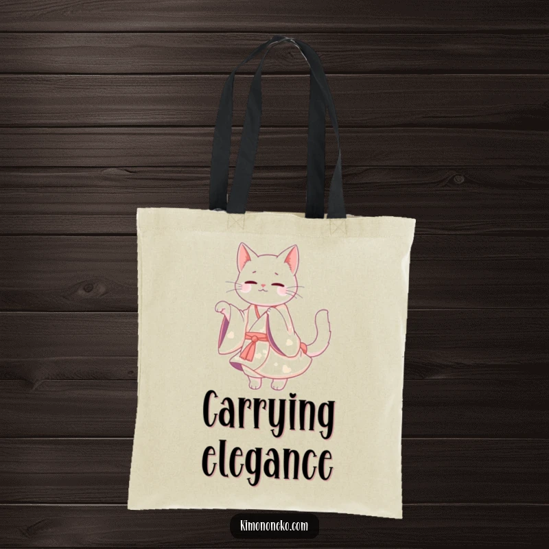 Funny White Cat Kimono Tote Bag: A Kawaii white cat in a flowing kimono twirling gracefully, perfect for carrying items.