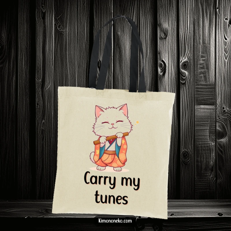 Funny White Cat Tote Bag: A fluffy white cat in a vibrant kimono carries your essentials while pretending to play a flute.