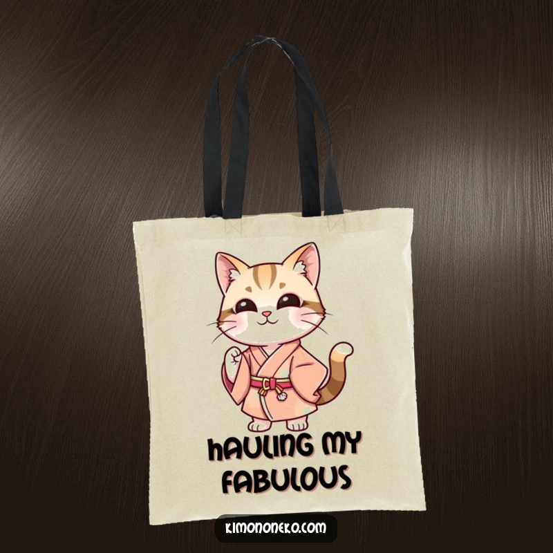 Funny tote bag showcasing a stylish cat in a modern kimono, posing confidently with a smile, embodying chic feline style and practical humor.