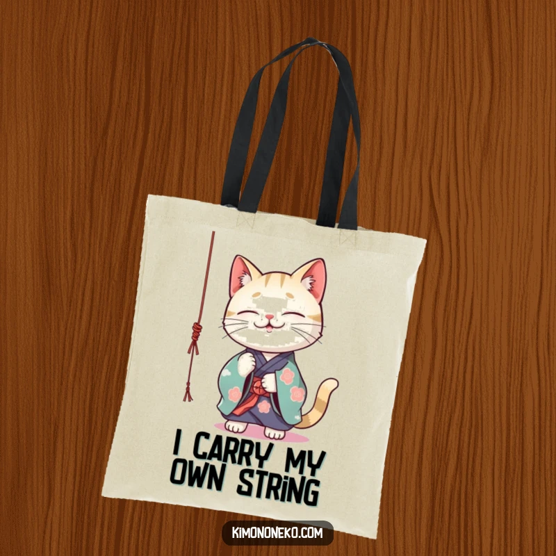 Funny Kawaii cat in a vibrant kimono playfully batting at a dangling string, reusable shopping bag, durable tote.