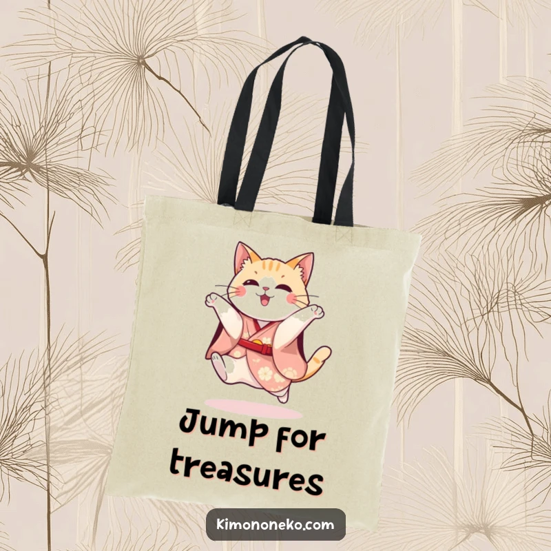 Funny tote bag with a playful cat in a festive kimono leaping energetically, perfect for carrying your essentials with humor.