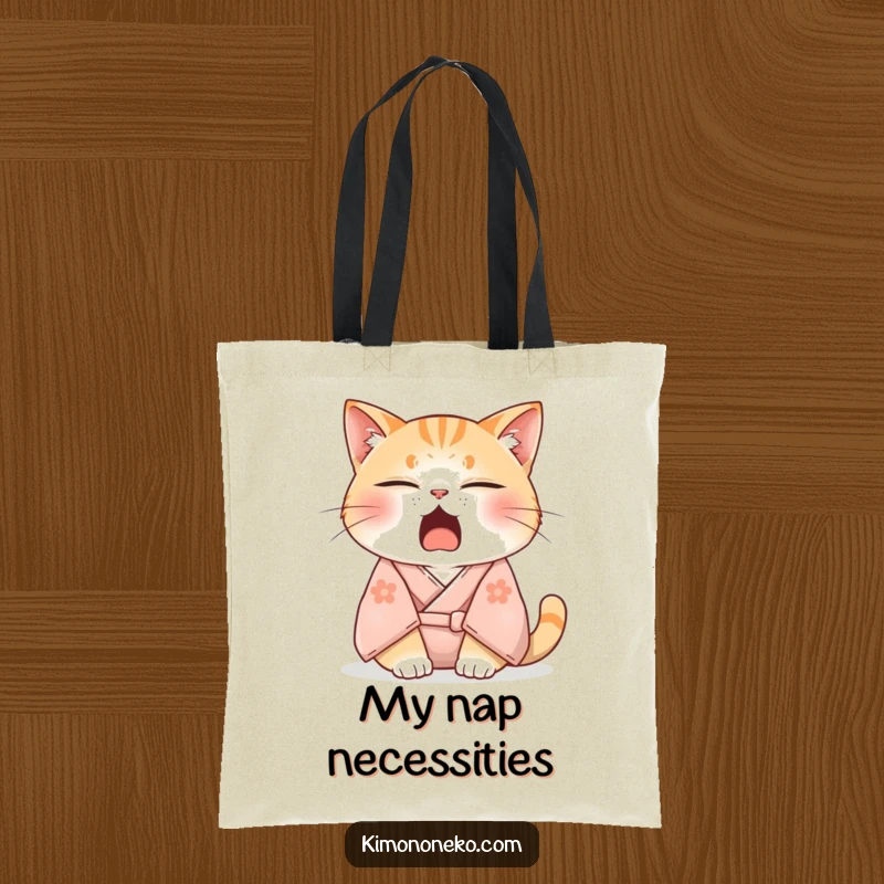 Funny tote bag depicting a sleepy cat in a soft kimono, yawning adorably with eyes half-closed, perfect for carrying books and cozy essentials.